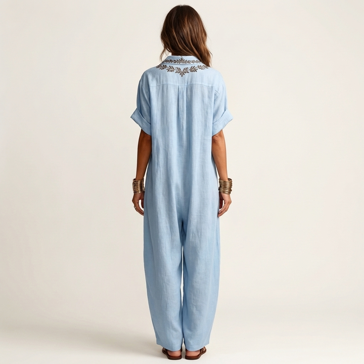 Amarina | Robe longue en lin col V brodé