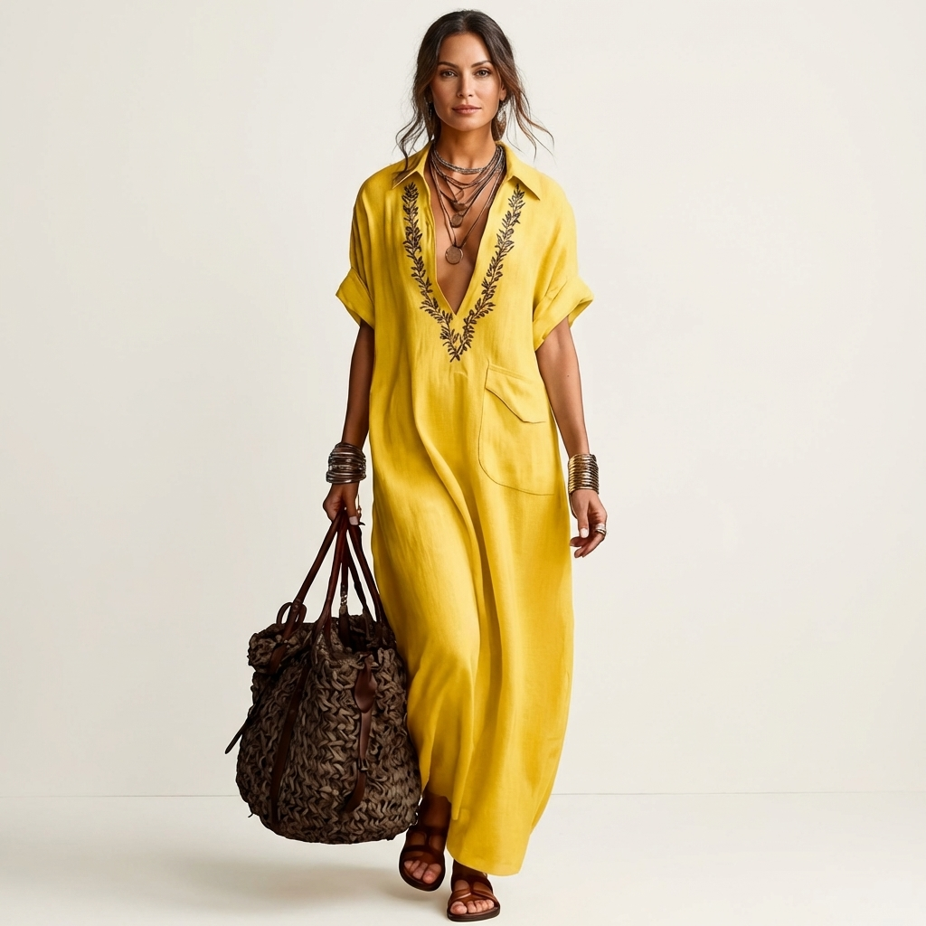 Amarina | Robe longue en lin col V brodé