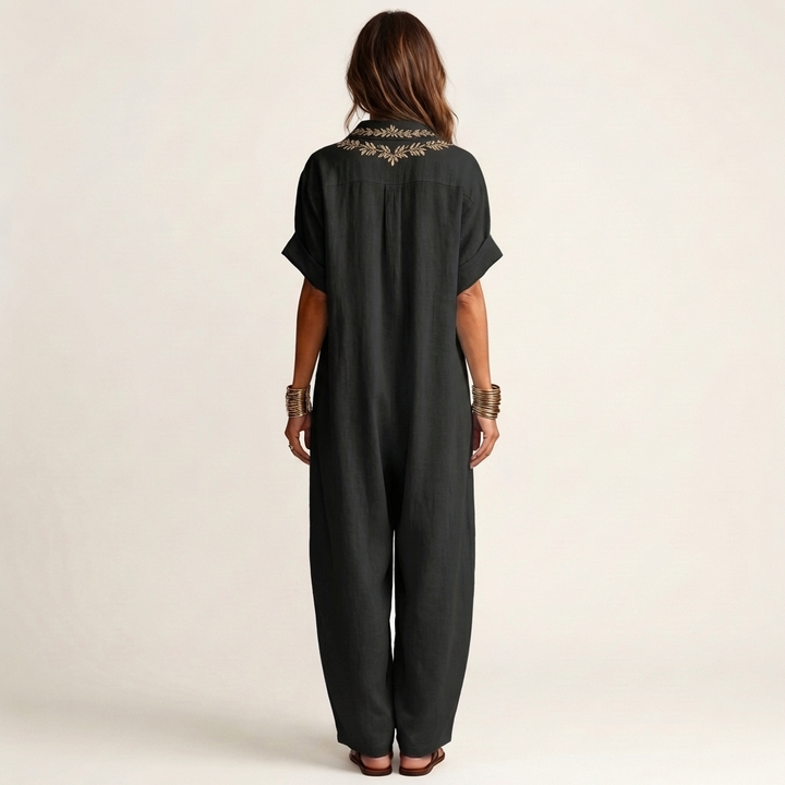 Amarina | Robe longue en lin col V brodé