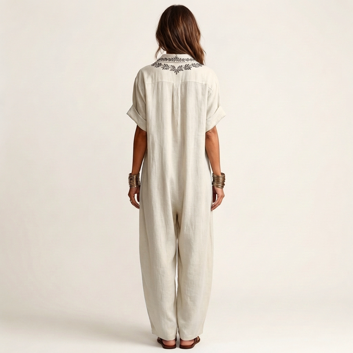 Amarina | Robe longue en lin col V brodé