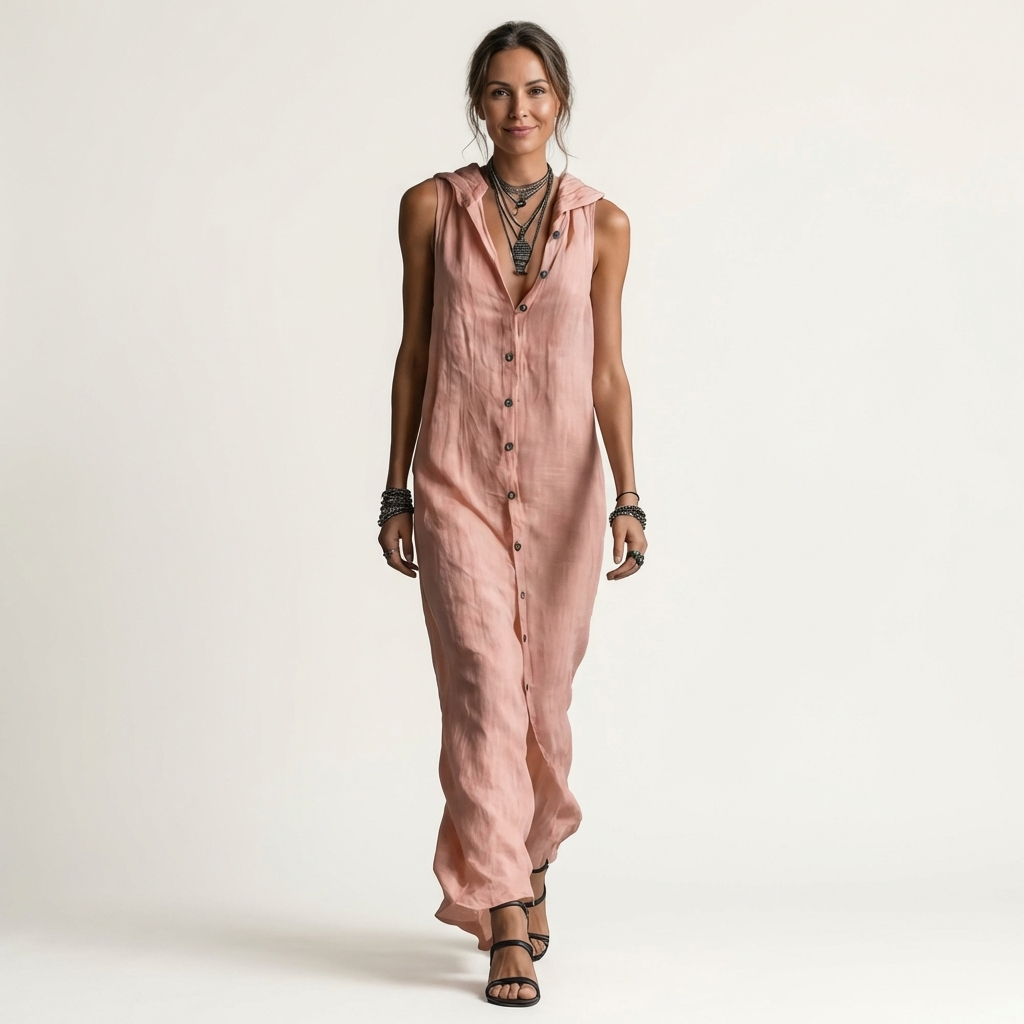 Mirabell | Robe longue en lin sans manches à capuche et boutonnage