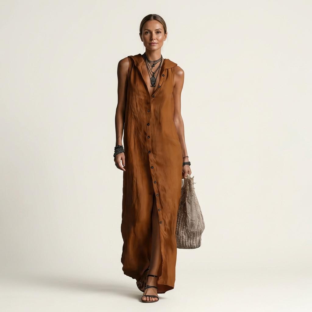 Mirabell | Robe longue en lin sans manches à capuche et boutonnage