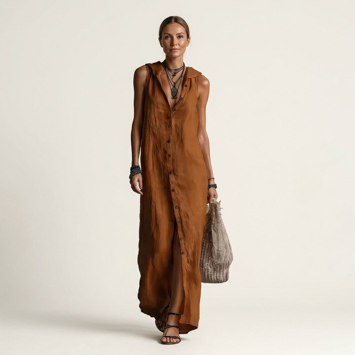 Mirabell | Robe longue en lin sans manches à capuche et boutonnage