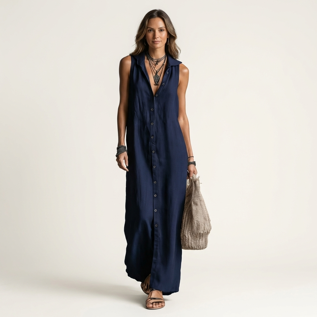 Mirabell | Robe longue en lin sans manches à capuche et boutonnage