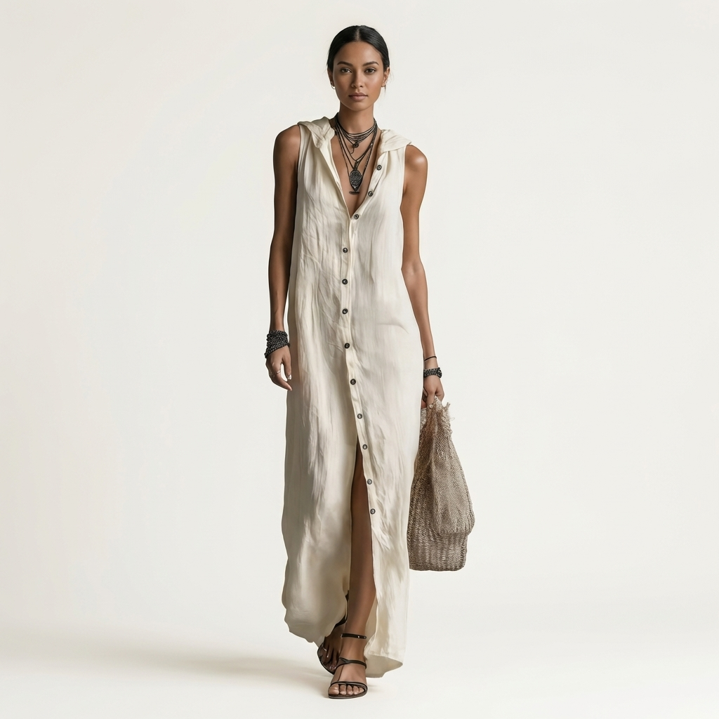Mirabell | Robe longue en lin sans manches à capuche et boutonnage