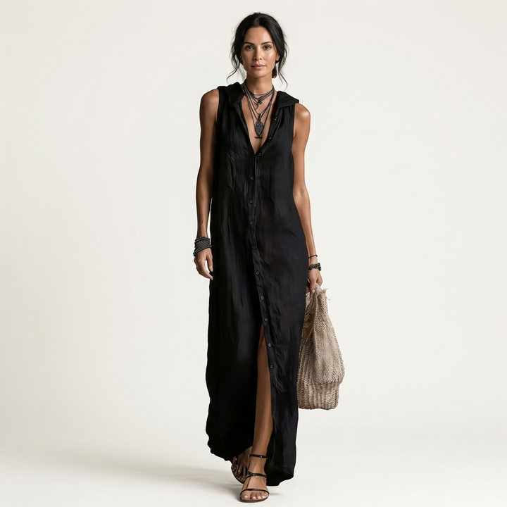 Mirabell | Robe longue en lin sans manches à capuche et boutonnage