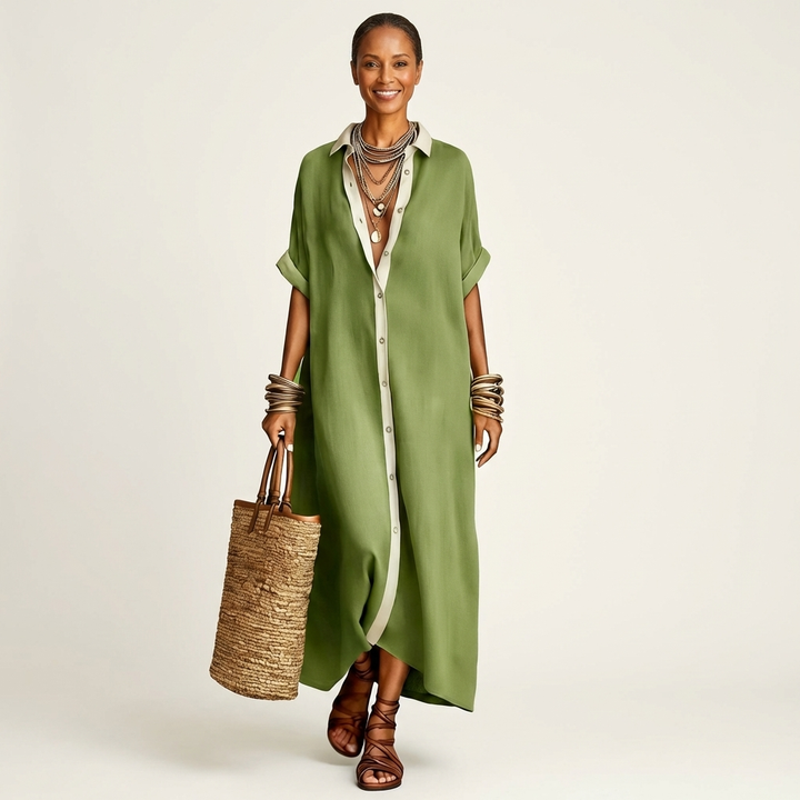 Kamira | Robe-chemise longue à manches courtes col contrastant boutonnée