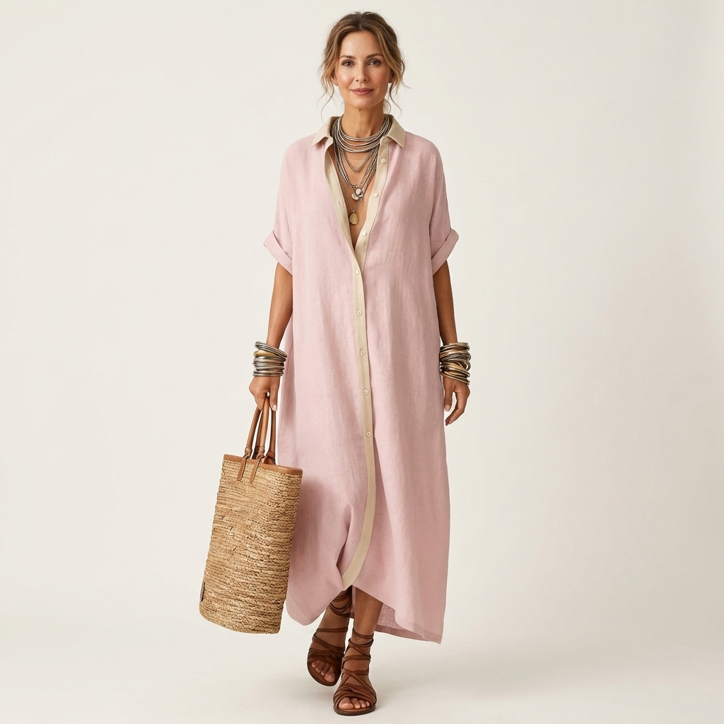 Kamira | Robe-chemise longue à manches courtes col contrastant boutonnée