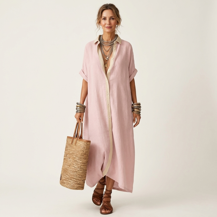 Kamira | Robe-chemise longue à manches courtes col contrastant boutonnée