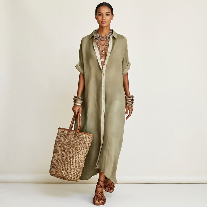 Kamira | Robe-chemise longue à manches courtes col contrastant boutonnée