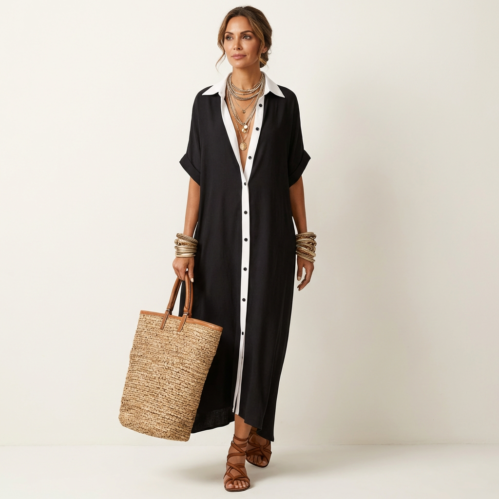 Kamira | Robe-chemise longue à manches courtes col contrastant boutonnée