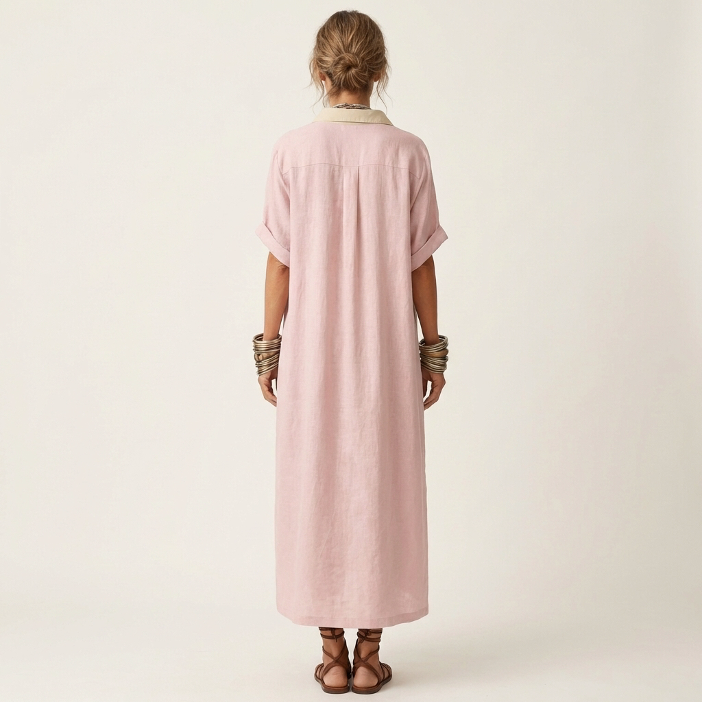 Kamira | Robe-chemise longue à manches courtes col contrastant boutonnée