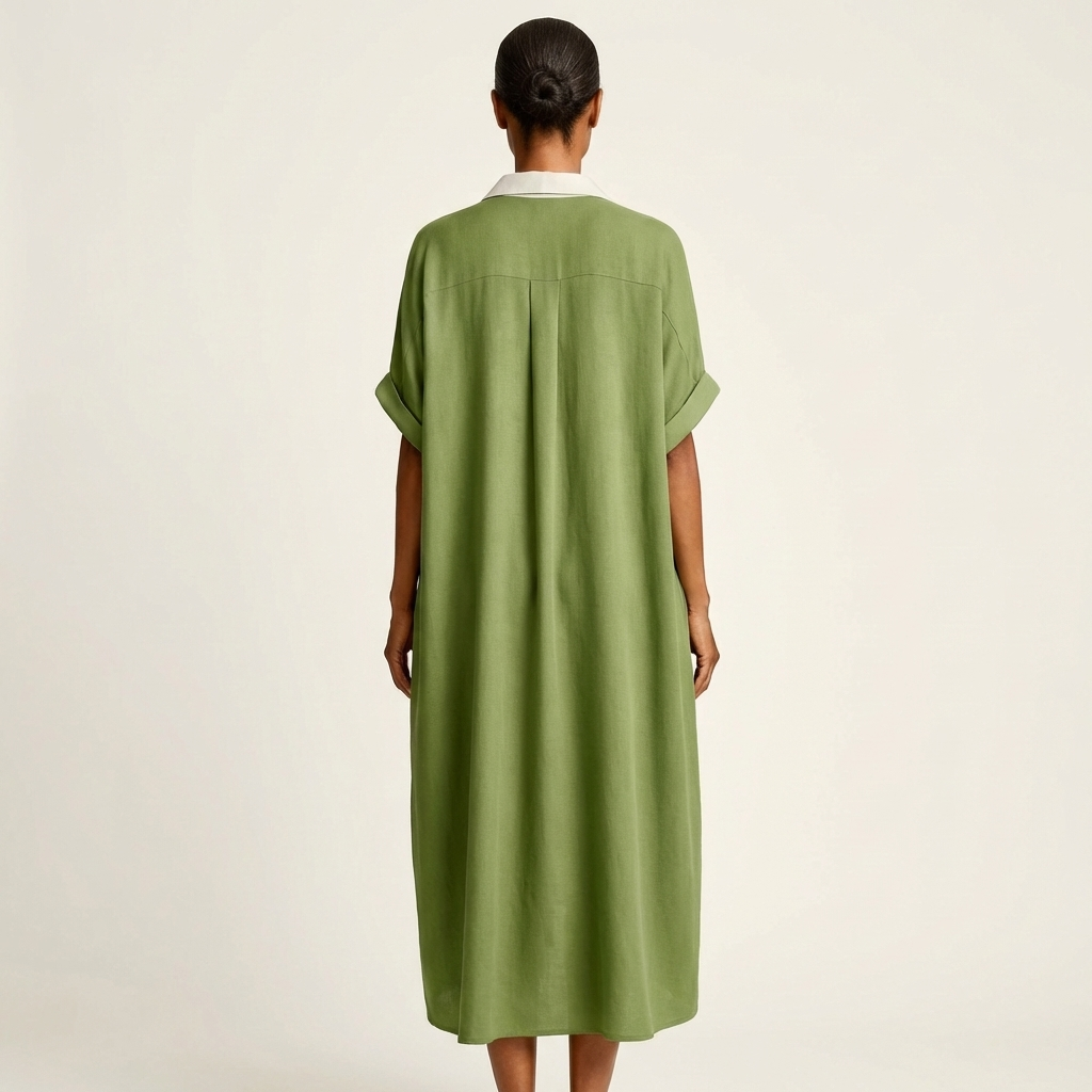 Kamira | Robe-chemise longue à manches courtes col contrastant boutonnée
