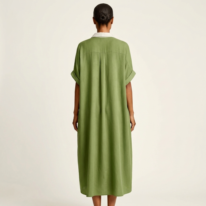 Kamira | Robe-chemise longue à manches courtes col contrastant boutonnée