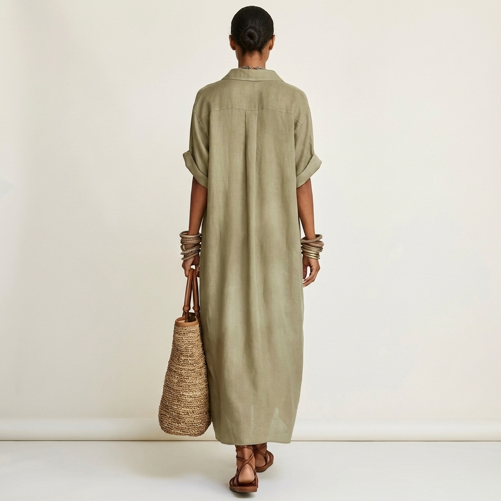 Kamira | Robe-chemise longue à manches courtes col contrastant boutonnée