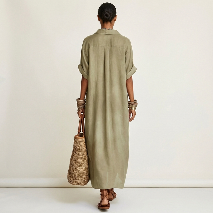 Kamira | Robe-chemise longue à manches courtes col contrastant boutonnée