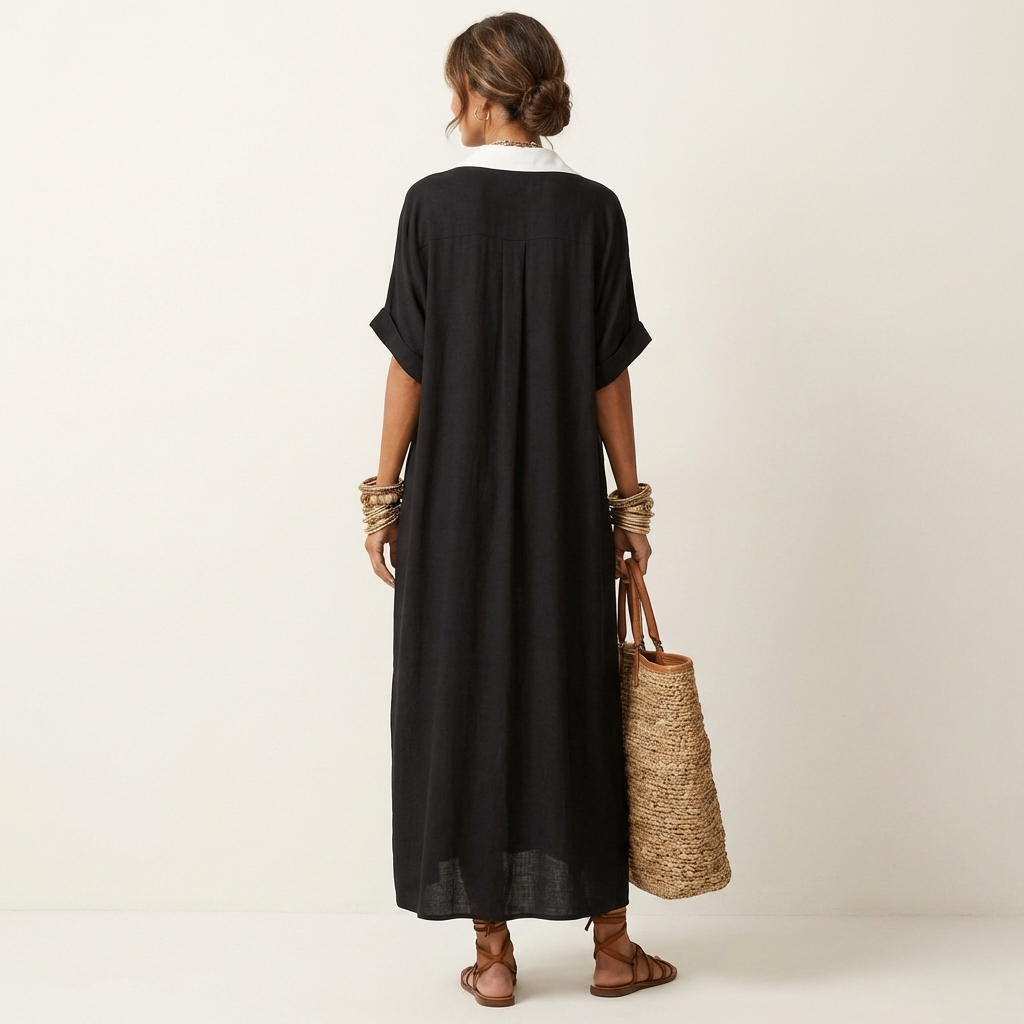 Kamira | Robe-chemise longue à manches courtes col contrastant boutonnée