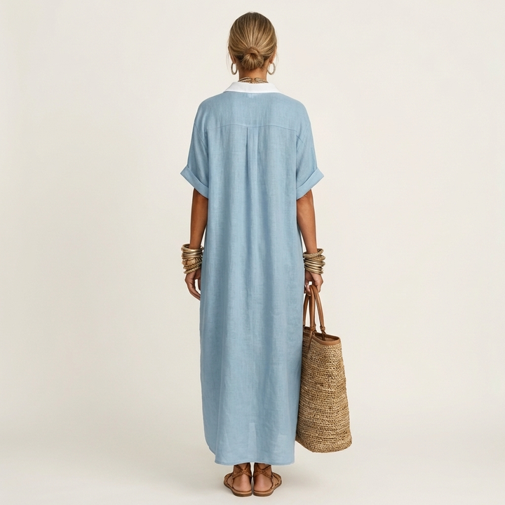 Kamira | Robe-chemise longue à manches courtes col contrastant boutonnée