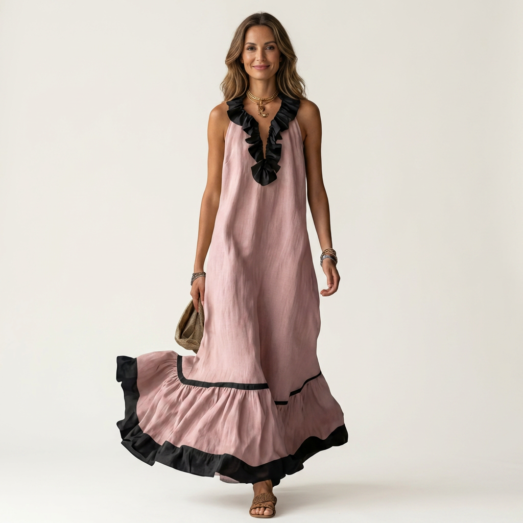 Mayline | Robe longue sans manches col volanté à bordure contrastante