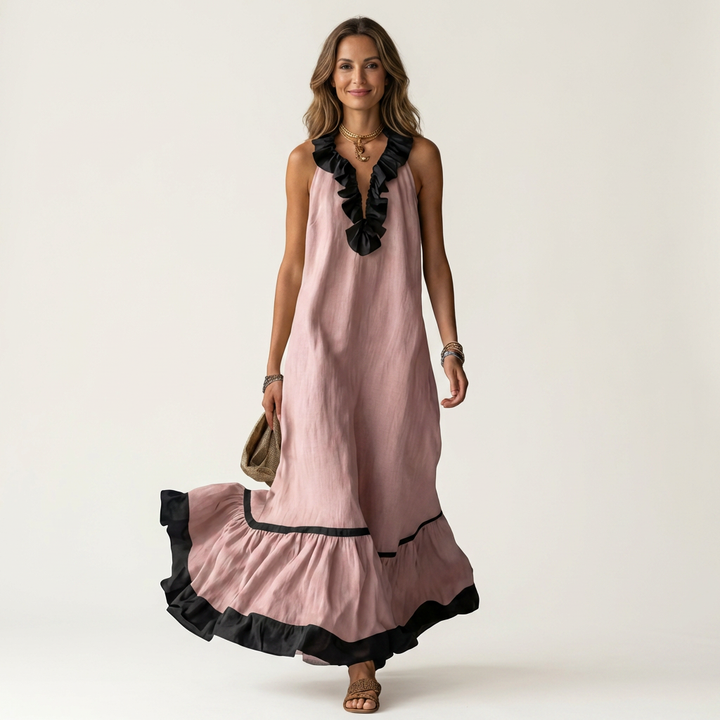 Mayline | Robe longue sans manches col volanté à bordure contrastante