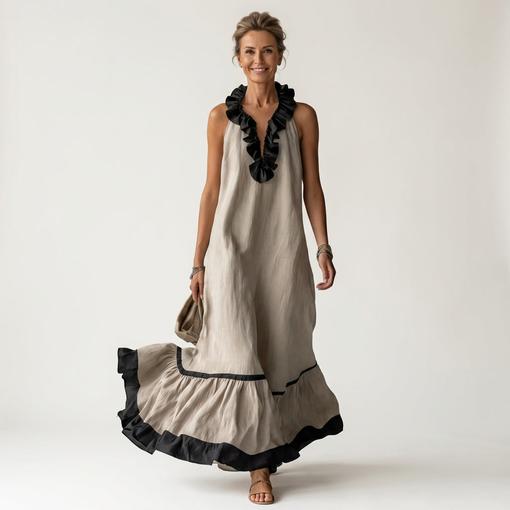 Mayline | Robe longue sans manches col volanté à bordure contrastante