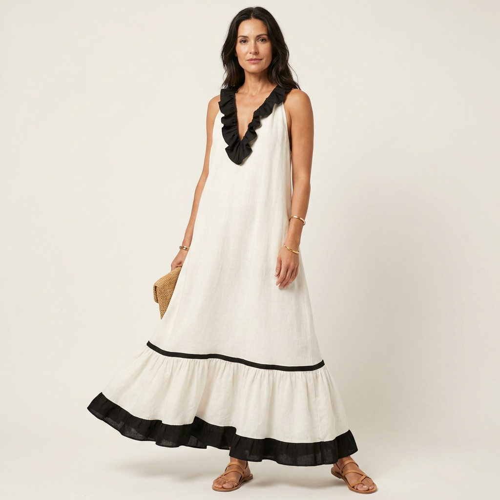 Mayline | Robe longue sans manches col volanté à bordure contrastante