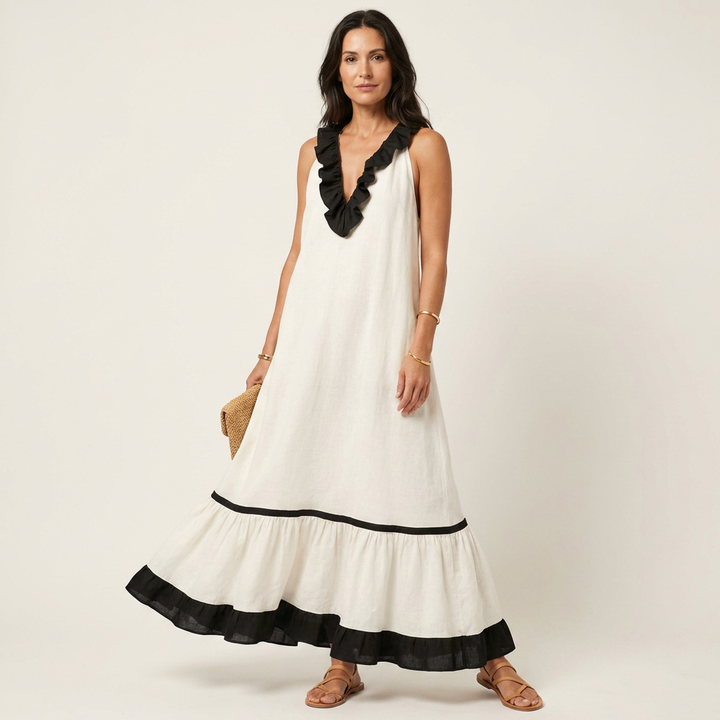 Mayline | Robe longue sans manches col volanté à bordure contrastante
