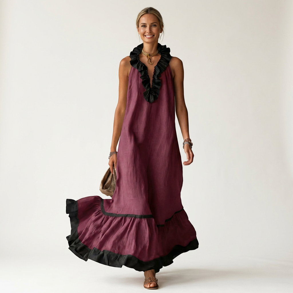 Mayline | Robe longue sans manches col volanté à bordure contrastante