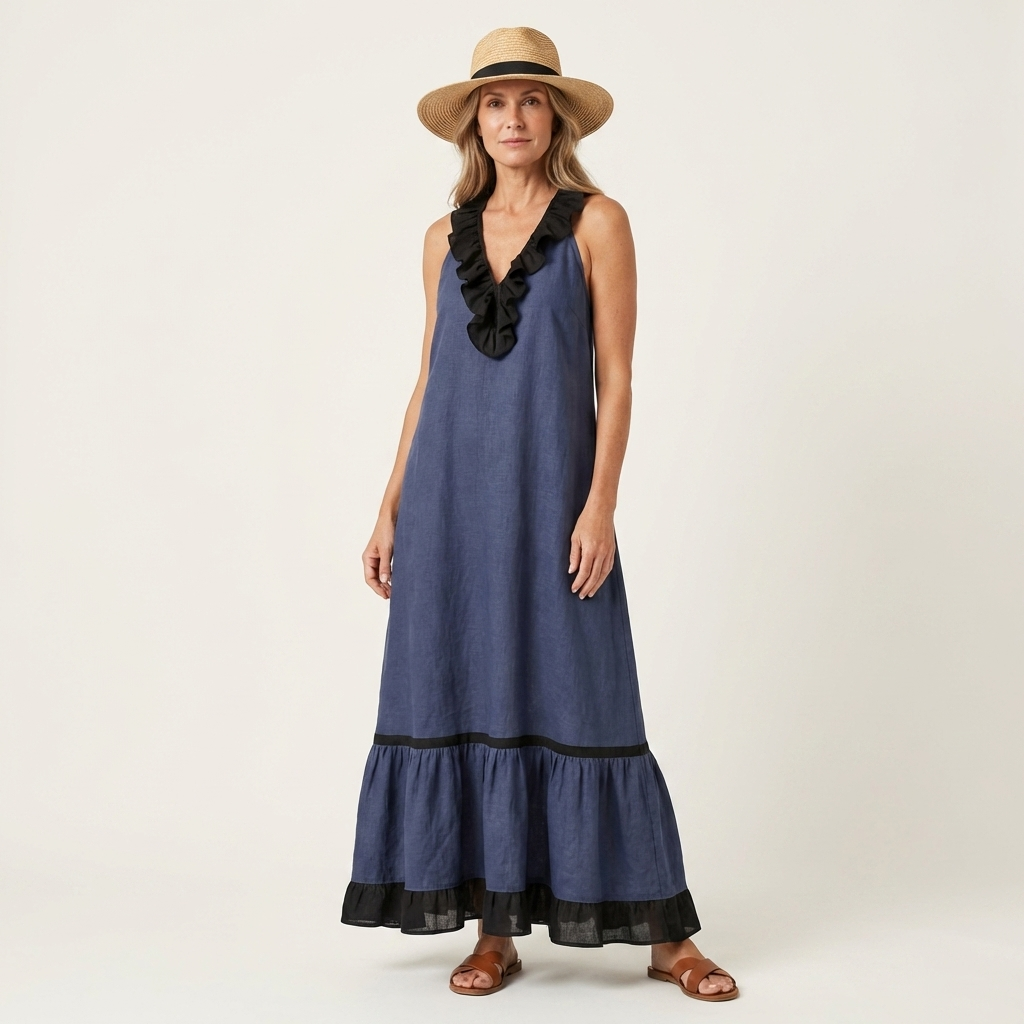 Mayline | Robe longue sans manches col volanté à bordure contrastante
