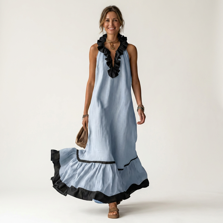 Mayline | Robe longue sans manches col volanté à bordure contrastante
