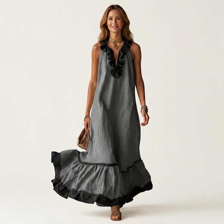 Mayline | Robe longue sans manches col volanté à bordure contrastante