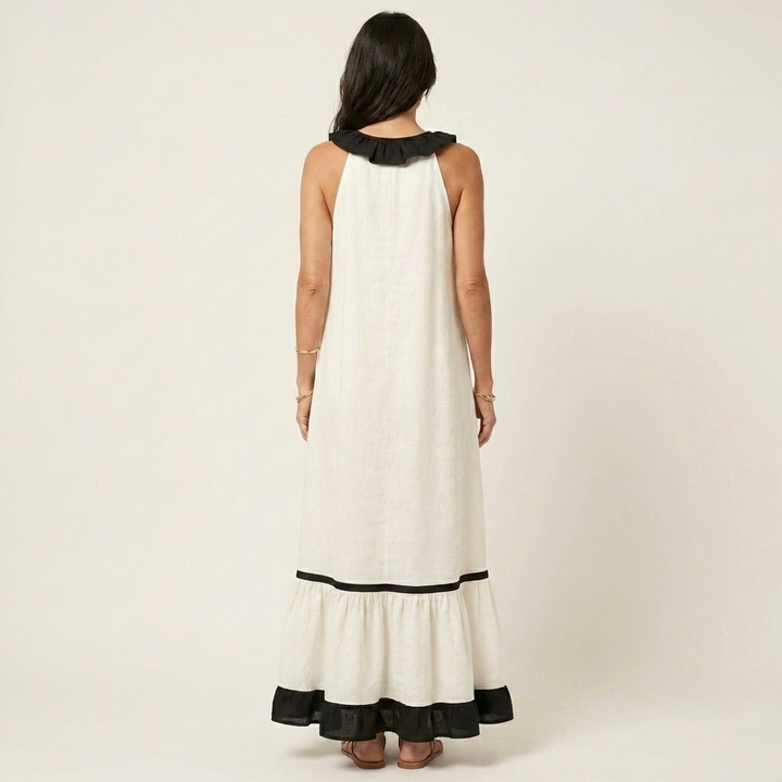 Mayline | Robe longue sans manches col volanté à bordure contrastante