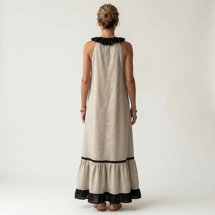 Mayline | Robe longue sans manches col volanté à bordure contrastante