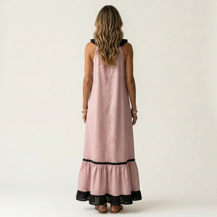 Mayline | Robe longue sans manches col volanté à bordure contrastante