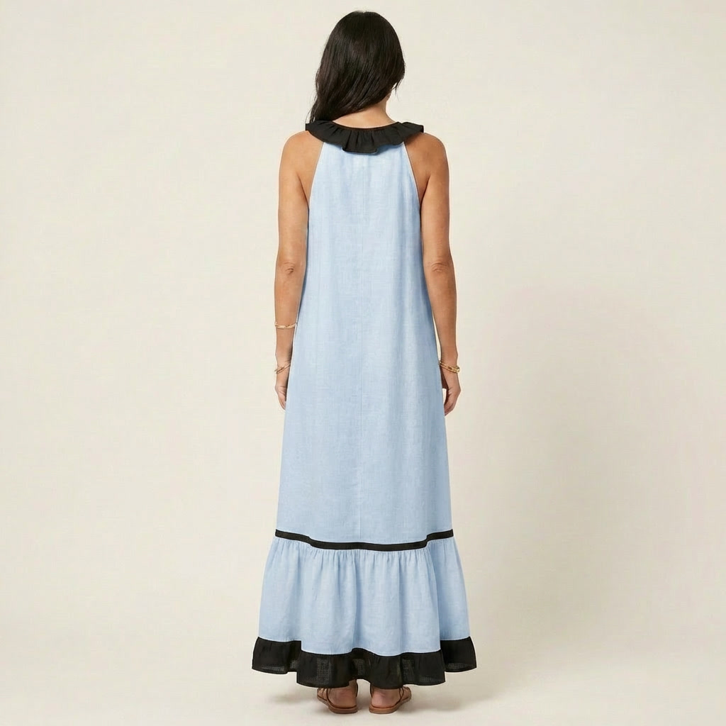 Mayline | Robe longue sans manches col volanté à bordure contrastante