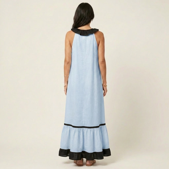 Mayline | Robe longue sans manches col volanté à bordure contrastante