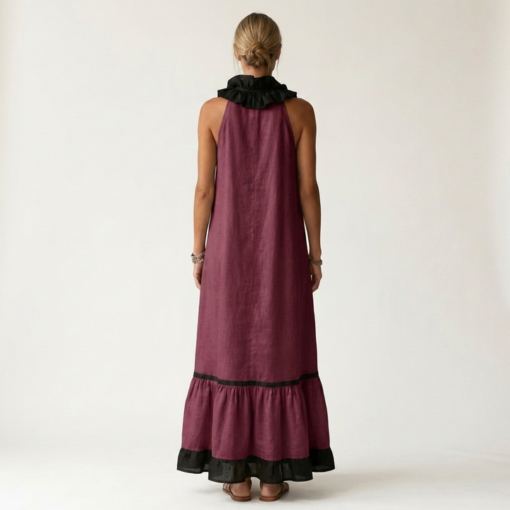 Mayline | Robe longue sans manches col volanté à bordure contrastante