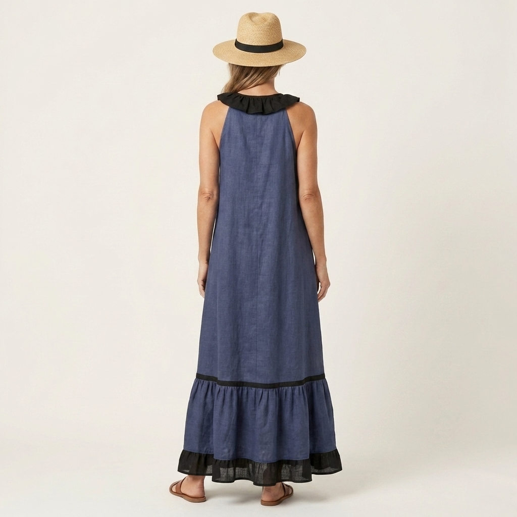 Mayline | Robe longue sans manches col volanté à bordure contrastante