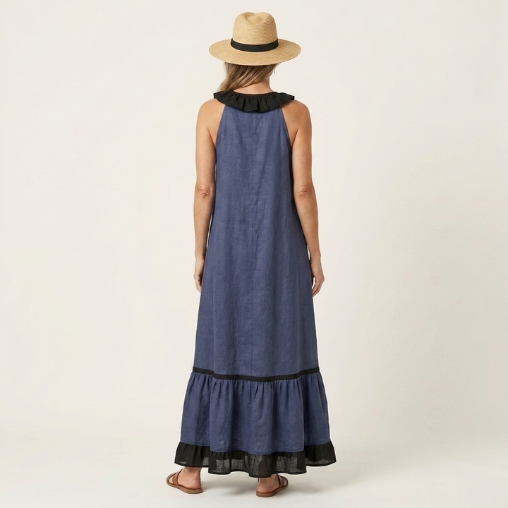 Mayline | Robe longue sans manches col volanté à bordure contrastante