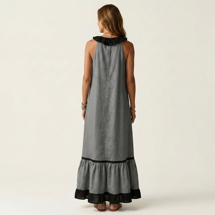 Mayline | Robe longue sans manches col volanté à bordure contrastante