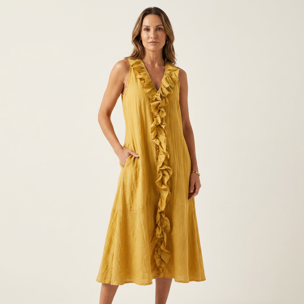 Vicky | Robe longue en lin sans manches col V à volant
