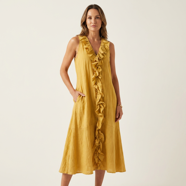 Vicky | Robe longue en lin sans manches col V à volant