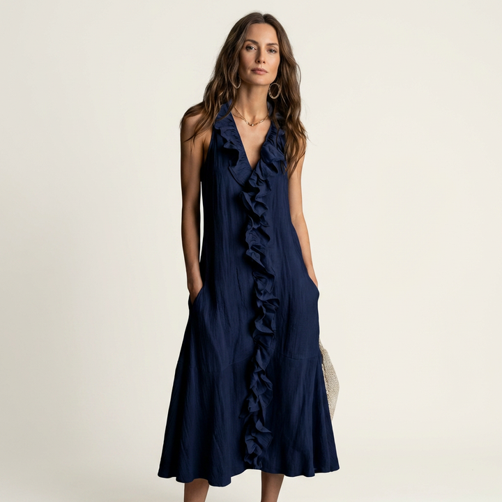 Vicky | Robe longue en lin sans manches col V à volant