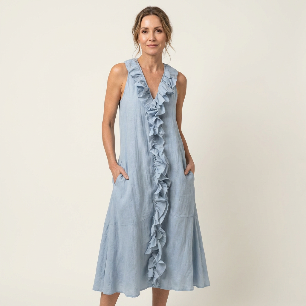 Vicky | Robe longue en lin sans manches col V à volant