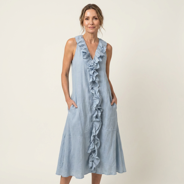 Vicky | Robe longue en lin sans manches col V à volant