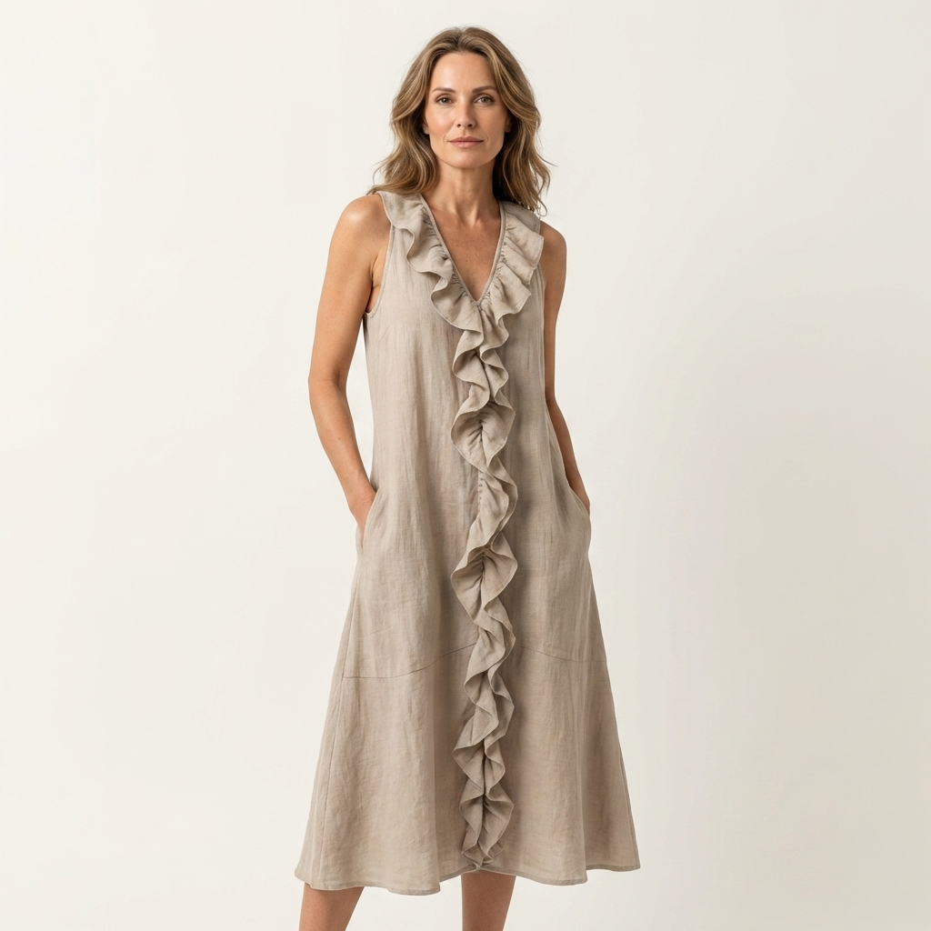 Vicky | Robe longue en lin sans manches col V à volant
