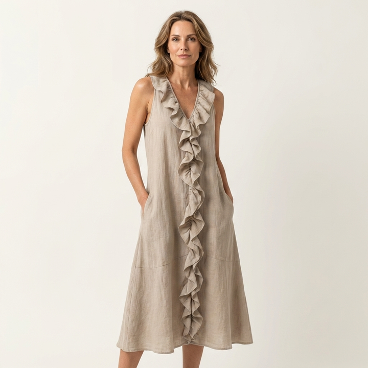 Vicky | Robe longue en lin sans manches col V à volant
