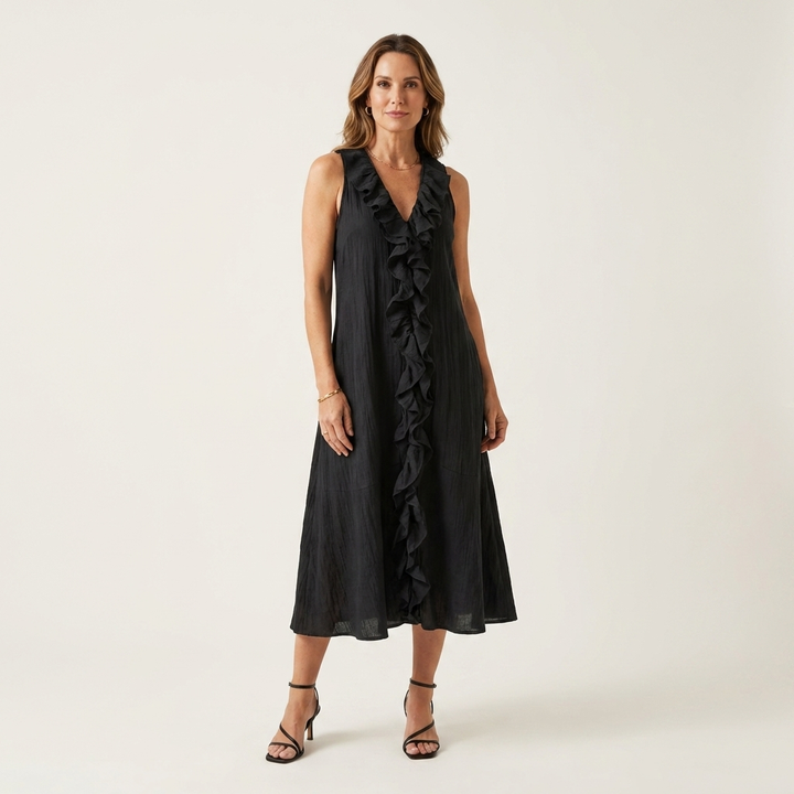 Vicky | Robe longue en lin sans manches col V à volant