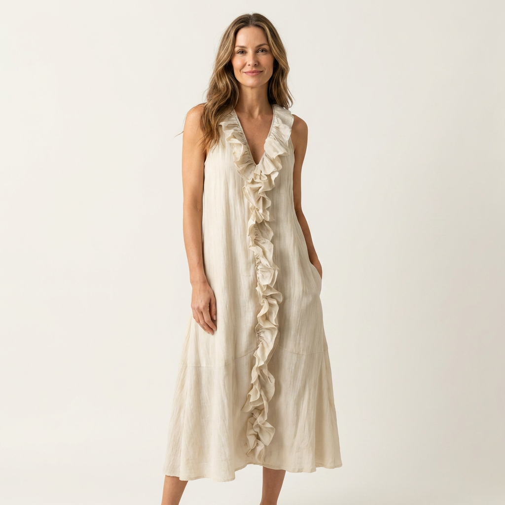 Vicky | Robe longue en lin sans manches col V à volant