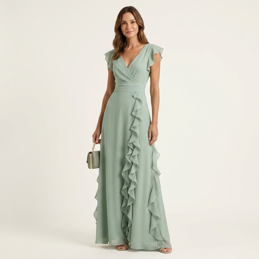 Nellyana | Robe longue portefeuille col V à manches papillon et volant en cascade
